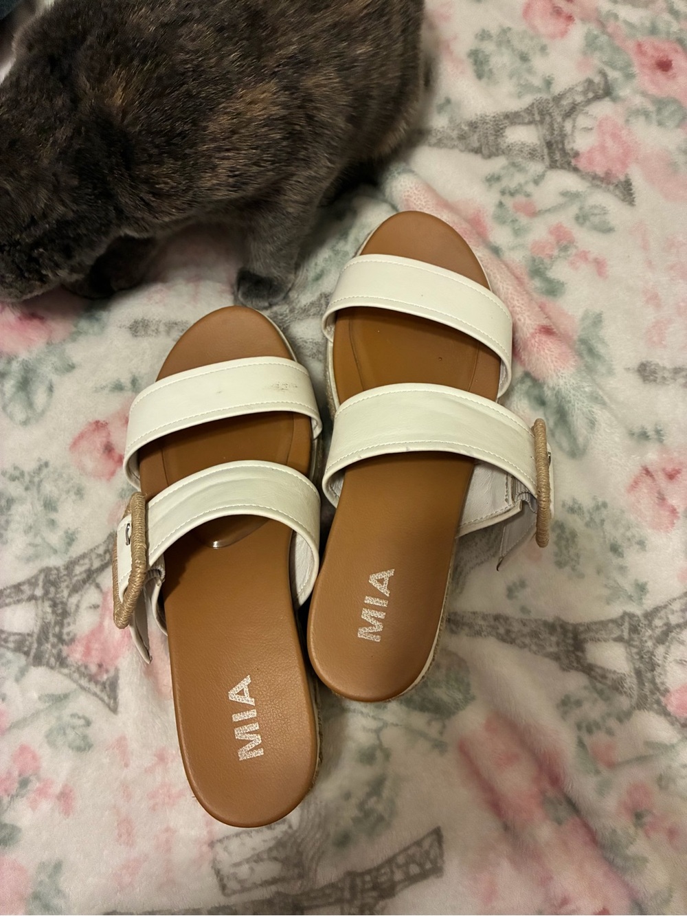 MIA White Double Strap Slide Sandals with Buckle Accent